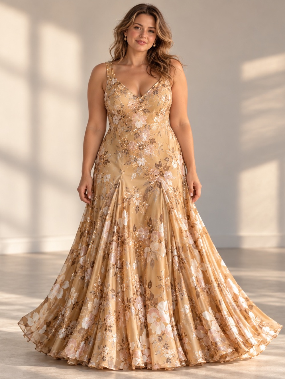 Alex Evenings Gold Floral Beaded Satin Gown V-Neck Sleeveless
Long 20W